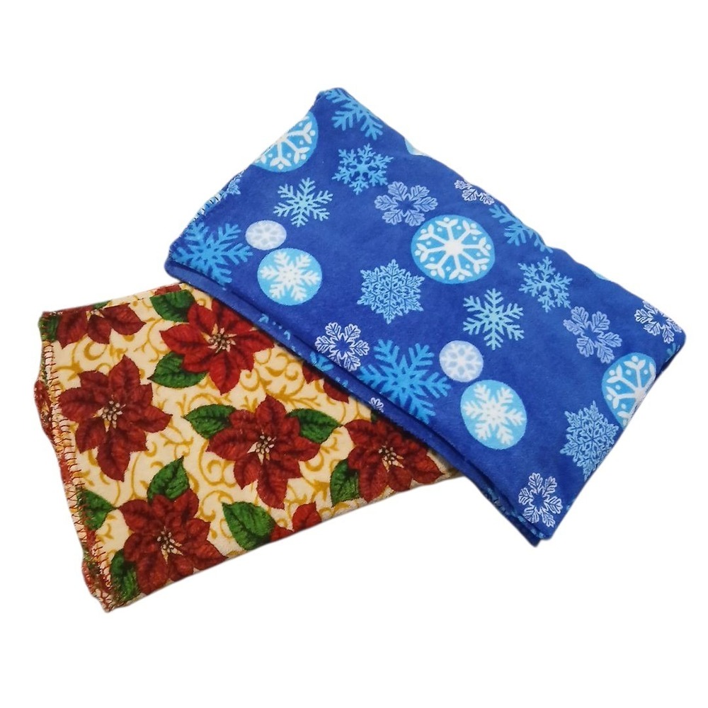 2 Soft Christmas Decor Throw Blankets Red Poinsettia & Blue Snowflakes 55"x46"